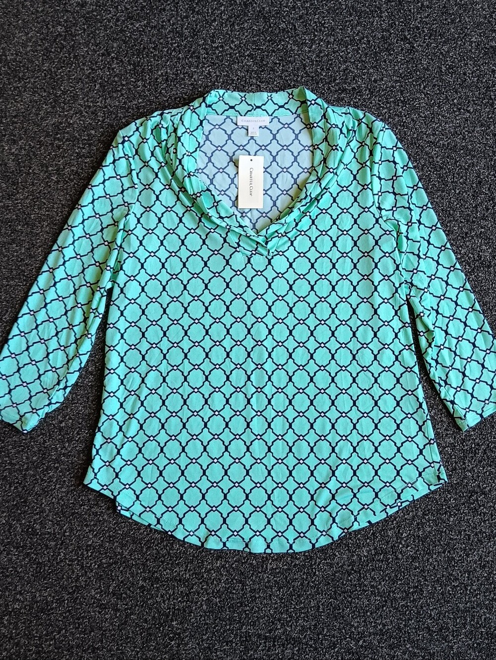 NWT Stretchy Mint Green Geometric V-Neck Blouse, Charter Club Womens Small